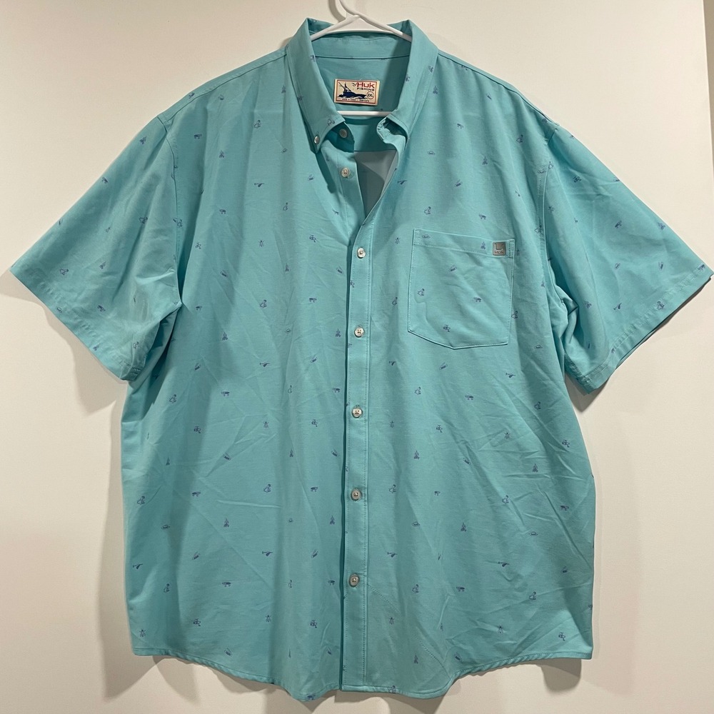 Huk Fishing Mens 2XL Aqua Blue Short Sleeve Button Down Performance Shirt